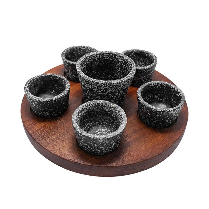Set Mini Lazy Susan C/Base 23cm Diam x 2cm, 5 Ramekines 2 Oz, Ramekin 3 Oz Resina Imitación Madera