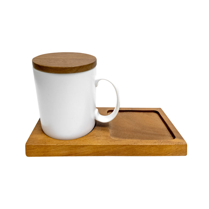 Tarro Mug C/Tapa de Madera 11 1/2 oz (340ml) y Charola Blanco