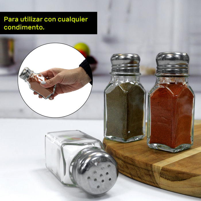 Salero Cuadrado de Vidrio 2 Oz (60ml) Tapa Acero Inoxidable