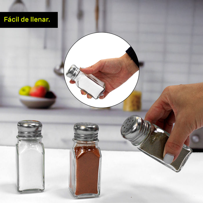 Salero Cuadrado de Vidrio 2 Oz (60ml) Tapa Acero Inoxidable